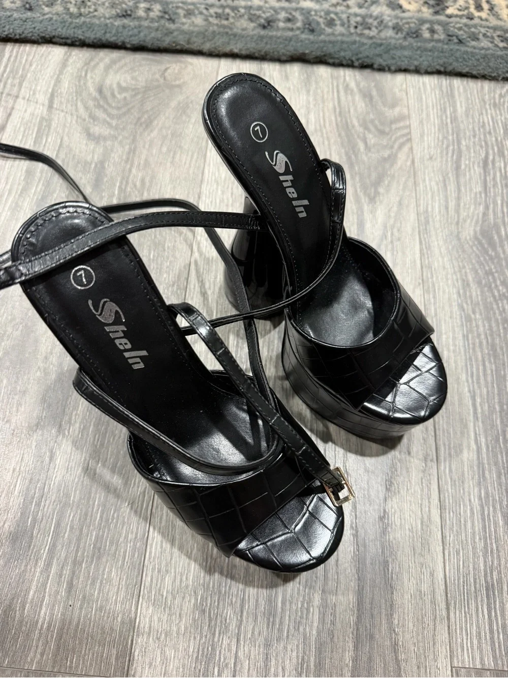 Black Platform Ankle-Strap High Heel Sandal